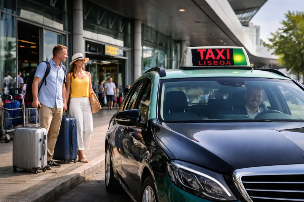 Lisbon taxi at the airport with passengers and luggage Lisbon taxi at the airport with passengers and luggage